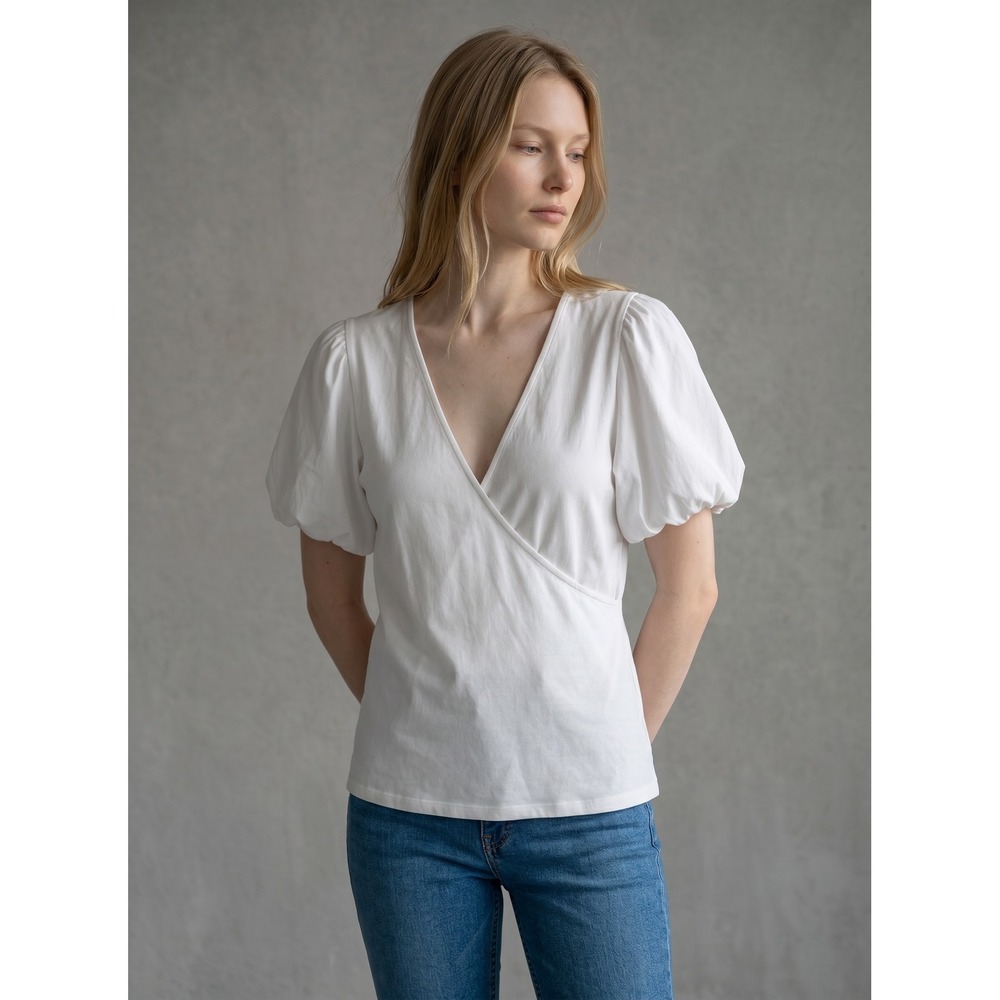 Boston Proper White Puff Sleeve Wrap Top‎ V-Neck Cotton Stretch 32310102 XL